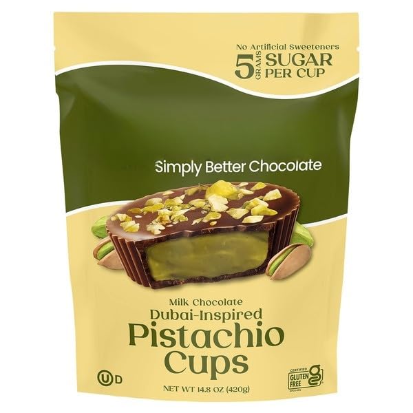 Milk Chocolate Dubai Inspired Pistachio Cups , The rich taste of Dubai-inspired chocolate with these Cups made with smooth 43% milk chocolate and a creamy pistachio cashew filling. Each bite delivers a balance of silky chocolate, nutty flavor, and crunchy graham cracker bits. [ 14.8 oz , 0.9 pound ]