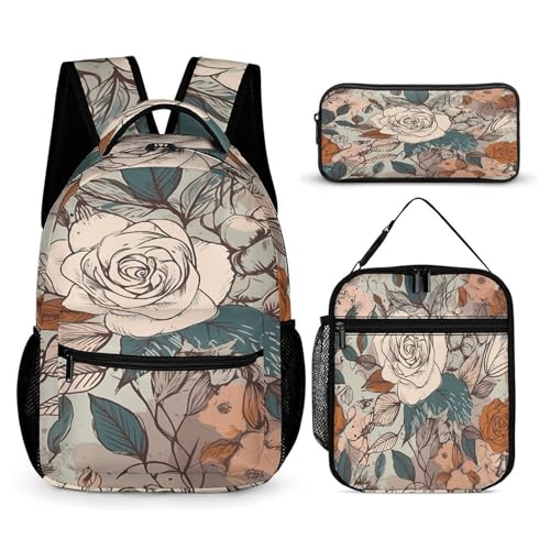 Retro Flower Pattern Printed Backpack With Lunch Pack Storage Box Case 3pcs Lightweight Travel Backpack