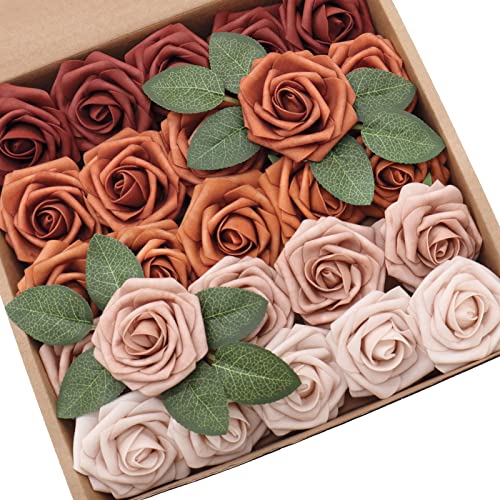 D-Seven Artificial Flower 25pcs Terracotta Ombre Colors Fake Roses with Stem for DIY Wedding Bouquets Floral Arrangements Table Flower Bridal Shower Party Home Decor