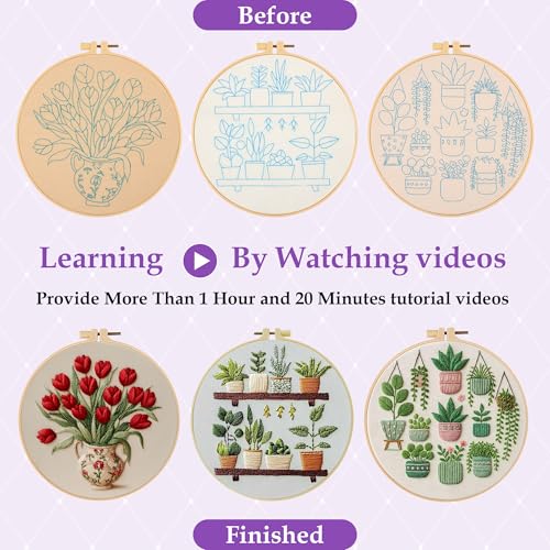 Image of 3 Pack Embroidery Kit for Adult Beginners, Needlepoint Cross Stitch Kits with Flower and Green Plant Stamped Patterns, Embroidery Hoop, Tools,Colorful Threads,Step by Step Instructions,DIY Starter Kit