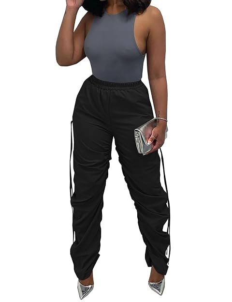 Yuopeid Womens Casual Ruched Long Pants Fashion Drawstring Trousers with Pockets Streetwear Y2K