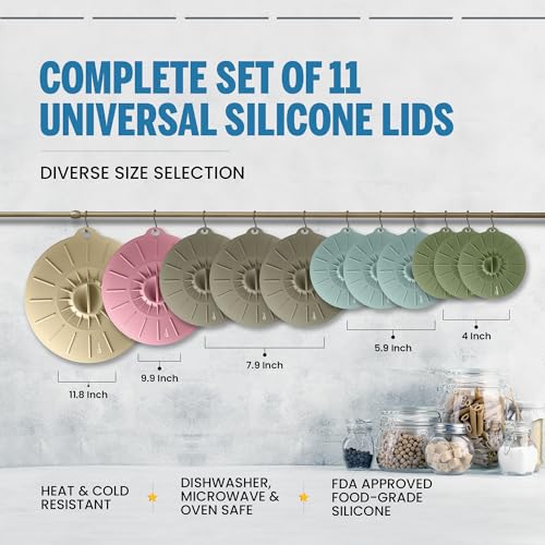 Image of Microwave Cover Silicone Lids - Set of 11 Pieces - Suction Covers for Pots, Pans, Bowls, Cups, Skillets - Splatter Protection - Easy Food Storage - BPA Free