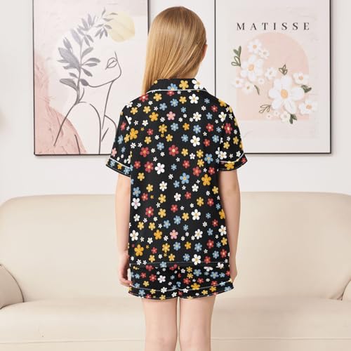 ALAZA Cartoon Flower Blossom Print Satin Pajamas Set Short Sleeve Button Down Sleepwear Summer Pjs 2 Piece4