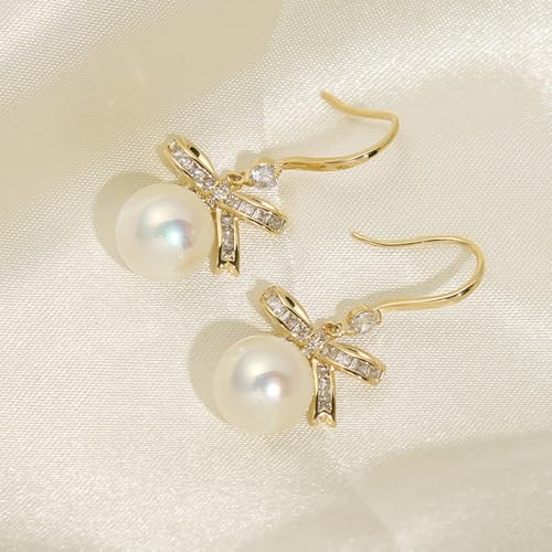 MIKAMU 14K Gold Ribbon Bow Stud Earrings for Women CZ cubic zirconia Gold Plated Dainty Pearl Earring for Women Jewelry (gold)4