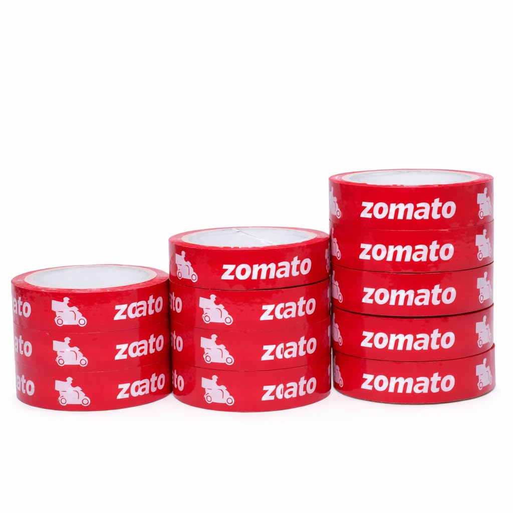 - Zomato Food Packaging Tape Strong Adhesive Red Color 24 mm 1 Inch x 65 Meter Pack of 12 For Food Delivery Takeaway Boxes And Ecommerce Packing
