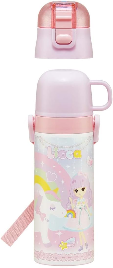 Skater SKDC4-A Children's Stainless Steel Water Bottle, 2-Way Direct Drinking, 16.5 fl oz (470 ml), Cup Drinking 15.2 fl oz (430 ml), Licca-chan, Kid-friendly Lightweight Type, For Girls, Hot and Cold