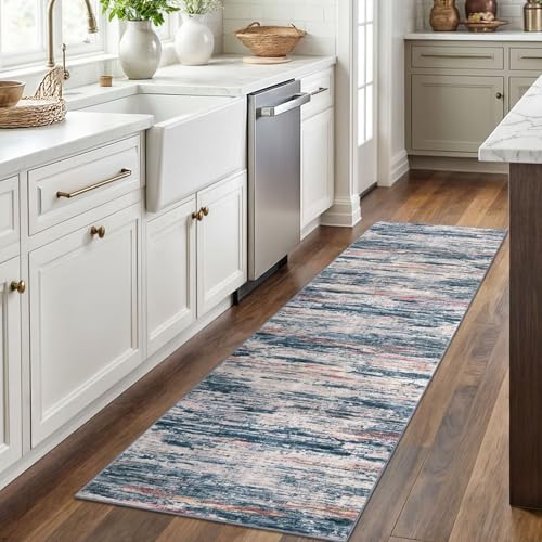 2x6 Teal Blue Peach Gray Multi Modern Abstract Runner Rug for Hallway, Super Soft Hallways Decor Kitchen Rugs with Non-Slip, Non-Shedding Washable Rug for Entryway Bedroom Laundry Indoor