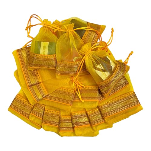 KRIWIN Pack of Thirty Small Size Silk Organza Potli Gift Bags Coin Bags(15 X 10 cm) Drawstring Closure (Yellow)