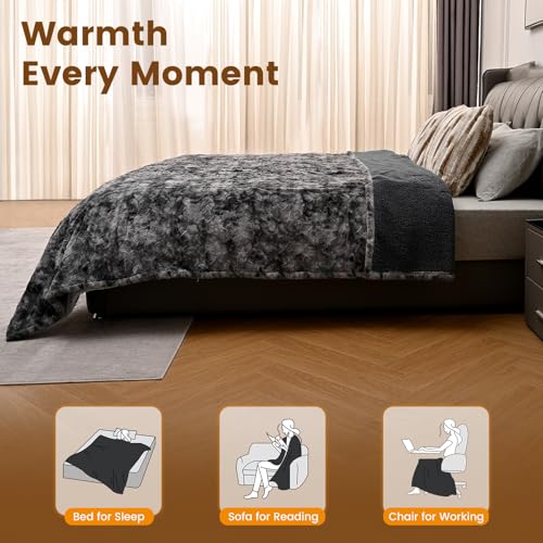 Image of Bearhug Heated Blanket Full Size 77 inchx 84 inch, Marble Black Electric Blanket, Reversible Faux Fur & Sherpa, 10 Heating Levels & 1-12H Auto Off, Over-Heat Protect, ETL, Washable Heated Blanket