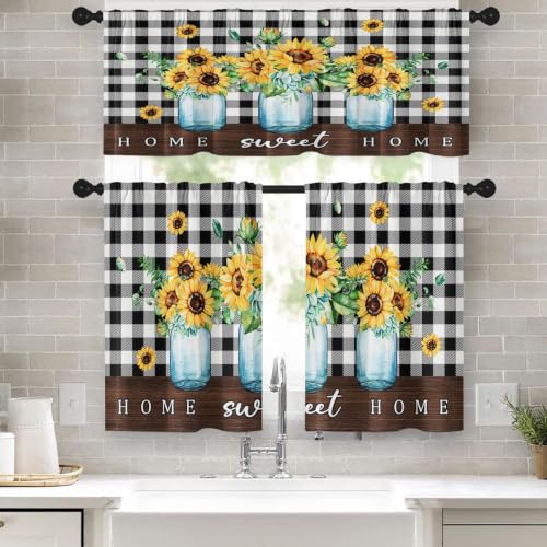 Tayney Kitchen Curtains Sets for Windows, 52x36 Inch, 3 Pack, Sunflowers