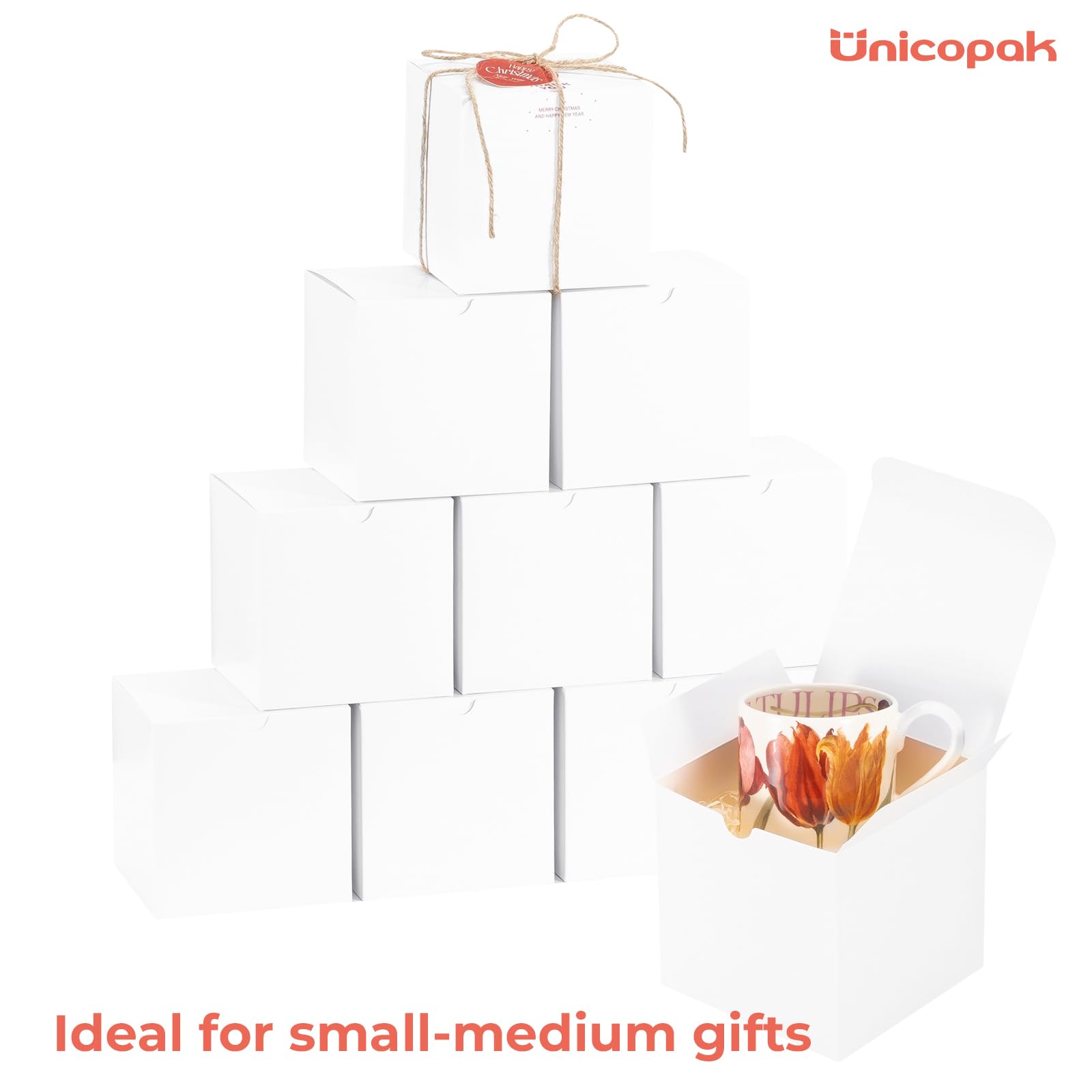 UnicoPak 10 Pack 5x5x5 Gift Boxes, Sturdy Small White Gift Boxes for Presents, Ornaments, Candles, Mugs, Easy Pop-up Assembly, Ideal for Birthday Christmas Party Business