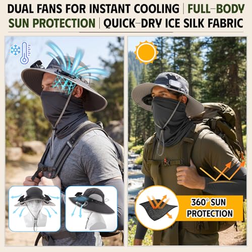 Image of Syhood 2 Set Solar Fan Hats with Neck Gaiters and Arm Sleeves, Wide Brim Fishing Hats for Men Women Outdoor Camping Gardening