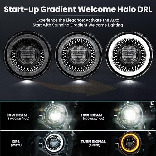 Hwstar HWRLH05 New 1000% Bright Anti-Glare 7 Inch Led Headlights Round Compatible With Jeep Wrangler Jk Jku Tj Lj Chevy Ford Gmc Etc W/Starry Drl Start-Up Gradient Halo Turn Signal H6024 Dot Hi/Lo Sealed Beam thumb #4