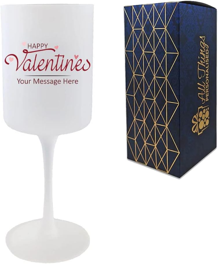 Personalised Printed Frosted Wine Glass with Happy Valentines Design, Gift Boxed, Personalise with Any Message for Valentines, Anniversaries