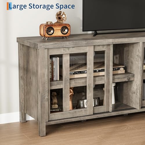 Image of 65 Inch TV Stand for Televisions Up to 70 Inches, Modern Entertainment Center with Storage, 4 Sliding Glass Doors, Mid-Century Style Media Console for Living Room,Gray