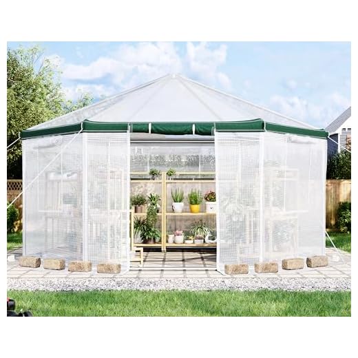 AMERLIFE 13.5x13.5x9 FT Hexagonal Walk-in Greenhouse for Outdoors, Heavy-Duty Greenhouse with Windbreak Ropes, Waterproof PE Cover, Ground Stakes, Tunnel Green House for Garden, White/Green