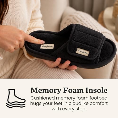 Image of Dearfoams Mickey Adjustable Terry Slide, Memory Foam Washable Open Toe Indoor Summer House Slippers