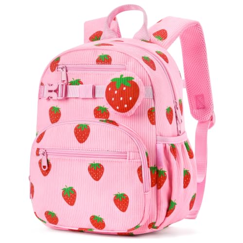 mibasies Kids Backpack for Girls 5-8: Corduroy Bookbag for Kindergarten Elementary School Travel, 15" H- Pink Strawberry