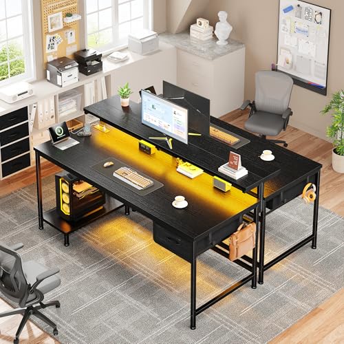 Image of DurayLoly 47.2 inch Gaming Desk with Power Outlet and LED Lights,Computer Desk with Adjustable Monitor Stand and Drawer,Office Desk with CPU Stand for Home Work,Study and Gaming, Small Spaces,Black