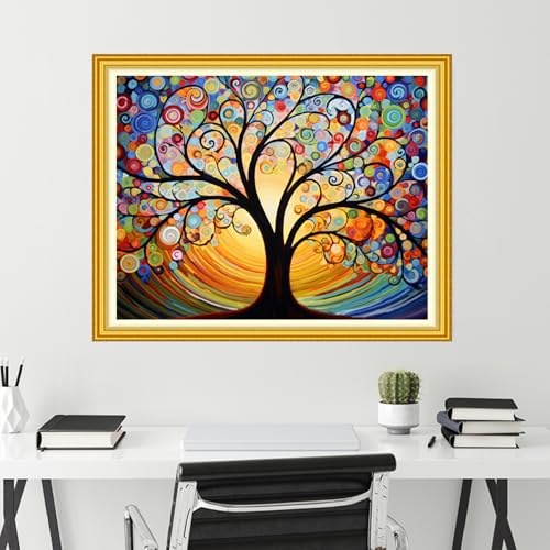 Image of Funchey Stamped Cross Stitch Kits, DIY Cross Stitch Pattern for Adults Beginners Needlepoint Kits Embroidery Kit Arts and Crafts 11CT-Starry Sky Colorful Tree 16x20 inch