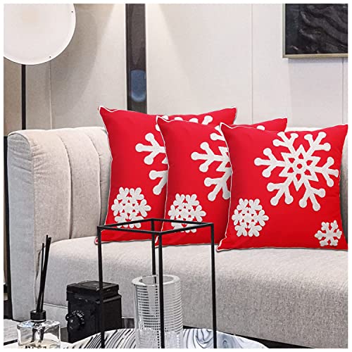 Oneslong Christmas Decorative Throw Pillow Covers Embroided Snowflake 18x18 inch Set of 3 Xmas Home Decor 100% Cotton Embroidery Couch Pillow Cases Covers for Sofa Bed Chair Couch