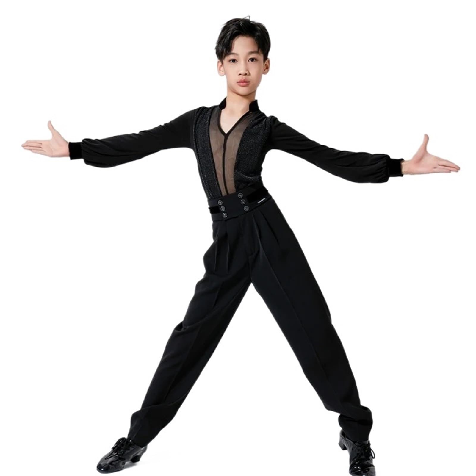 Latin Dance Costume Boy's Black Mesh V-Neck Tops Rumba Samba Practice Set Children's Ballroom Cha Competition Wear para Hombre, Salsa, Jazz, Danza(Black Tops-Pants,XXS)