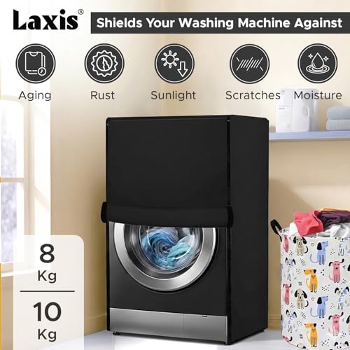 Image of LAXIS Front Load Washing Machine Cover Front Load for 8 Kg, 8.5 Kg, 9 Kg, 9.5 Kg, 10 Kg | Waterproof & Dustproof Polyester Fabric Cover with Zipper (63X63X93 cm- Black)