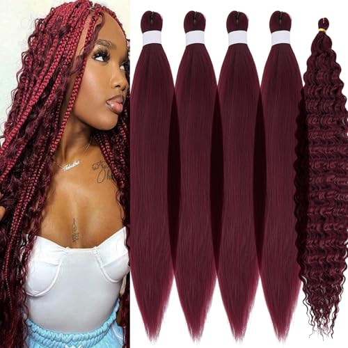 UPruyo 99J Boho Curls Hair for Braiding Dark Red Braiding Hair Pre Stretched Synthetic 99J Boho Braiding Hair for Curly Crochet Hair Non Toxic Wavy Curly Braiding Hair Extensions for Boho Braids