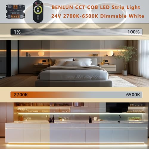 BENLUN 24V CCT COB LED Strip Lights Kit 65.6ft (2 Rolls of 32.8ft), 2700K-6500K Dimmable White Cuttable LED Tape Light CRI 93 with Remote Controller and Power Supply for Bedroom Indoor Decoration