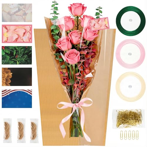 25 Sheets 18 x 9.8 Flower Bouquet Wrapping Bags Kraft Paper Sleeves Total 136Pcs RibbonsX3 Greeting CardsX25 RopeX3 Paper ClipsX80 Floral Bouquets Bag for Mothers Day Graduation Flower Bar