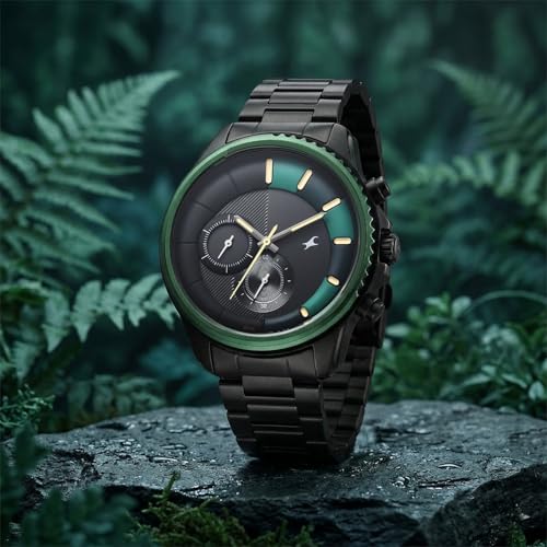 Image of Fastrack Wild Chameleons Back Inspired Bezel with Black and Green Dial IP Black Stainless Steel Strap Watch for Men - 3337KM01