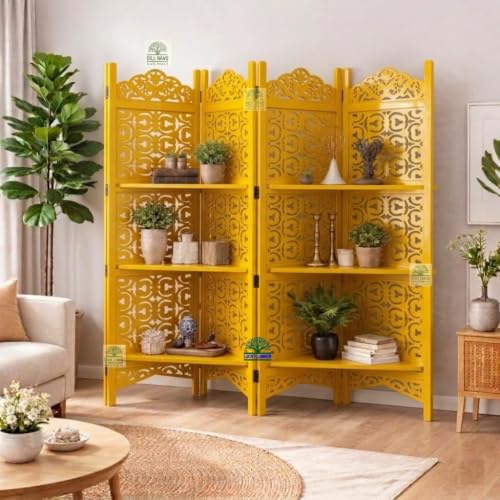 Image of Wooden Room Divider Partition with Display Shelves for Living Room | Foldable 4 Panel Decorative Privacy Screen Separator for Home, Office & Bedroom | Modern Gold Finish