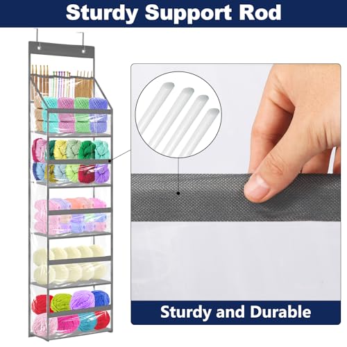 Image of Hanging Yarn Storage Organizer - Over the Door Crochet Organizer Shelves with 5 Yarn Pockets & 3 Top Knitting Needle Pockets, Large Capacity Clear Yarn ball Holder