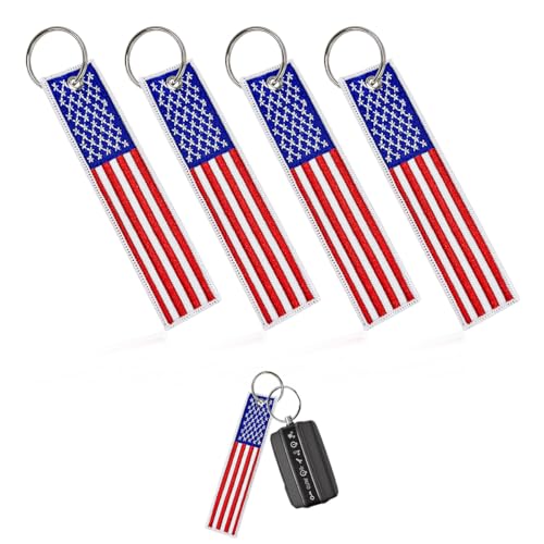 Image of 4 PCS American Flag Key Chain, Flag Key Chain Tag with Key Ring, Embroidered Keys Chain for Car & Motorcycle