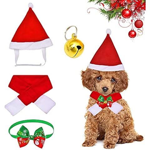 YISKY 4 Pieces Christmas Pet Hat Scarf Collar Bow Tie Bell, Christmas Cat Santa Hat and Scarf, Christmas Costume Set Puppy Kitten Cosplay Adjustable Costume Accessories for Small Pet Cat Dog - Red Cover