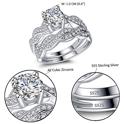 MABELLA 925 Solid Sterling Silver Matching Bridal Set Wedding Engagement Rings Clear Round Cubic Zirconia Eternity Ring for Women3