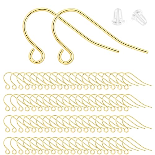 SAKDWUR 14K Gold Earring Hooks - 100Pcs Hypoallergenic Earring Hooks for Jewelry Making, Fish Earring Findings for Jewelry Making with 100Pcs Clear Rubber Earring Backs for DIY Jewely