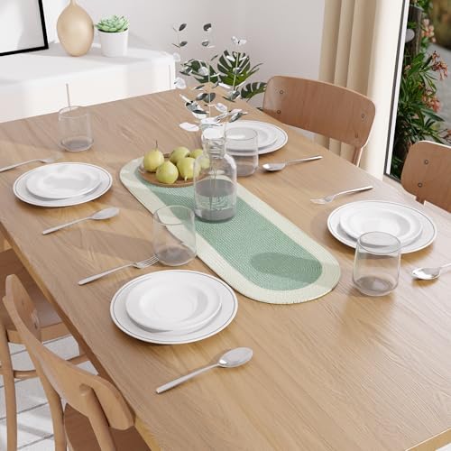Image of Encasa XO Table Runner for 4 Seater | Handmade Ribbed Style Cotton | 30x91 cm | Sage & Off White | for Dining & Center Table