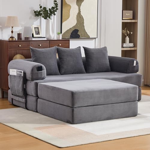MODENVIE Sofá de tres plazas modular con taburete y bolsillo lateral, sofá de salón con 3 cómodos cojines sofá con marco de metal estable combinable libremente gris oscuro