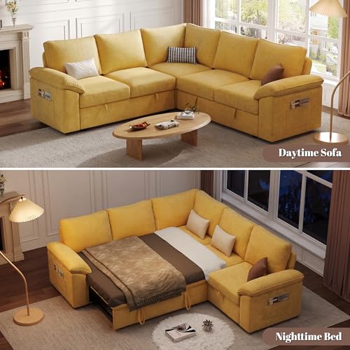 Image of 85 Inch Modular Sectional Sofa with Pull Out Bed, L Shaped 5 Seat Sectional Sleeper Sofa with Storage, Sectional Couches for Living Room, Cloud Modular Couch,Removable Sofa Cover,Yellow
