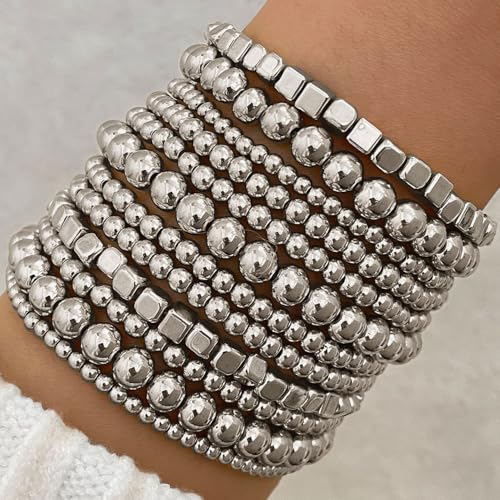 Gold Beaded Stackable Bracelet Set for Women Multilayer Beaded Stretch Bracelet Adjustable Round Beads Bracelets Golded Statement Jewelry Gift for Women2