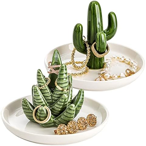 Elsjoy Set of 2 Aloe and Cactus Ring Holder Dish, Ceramic Plant Jewelry Dish Bracelet Earrings Necklace Organizer Tray, Decorative Succulent Trinket Dish for Wedding, Birthday Gifts, Home Decor Cover