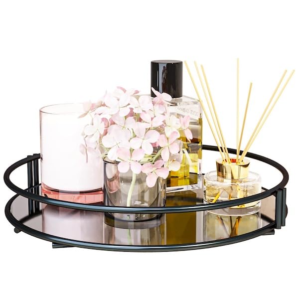 Vassoio Rotondo In Metallo Nero Con Maniglie In Pelle - Portaprofumi E Cosmetici - Foto 5