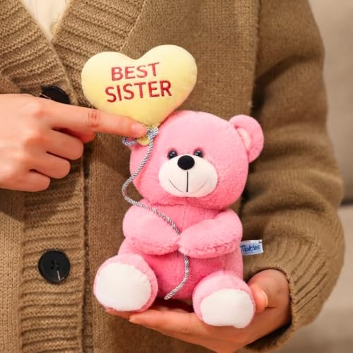 Image of Tickles Cute Teddy Bear Holding Best Sister Heart Balloon Soft Stuffed Plush Toy for Kids Boys & Girls Raksha Bandhan Birthday Gift (Size: 18 cm Color: Pink)