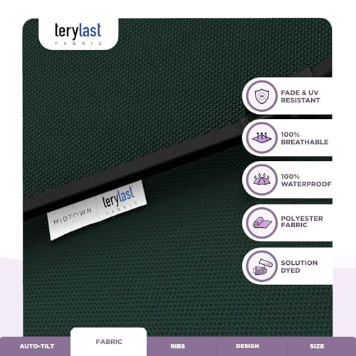 Image of Midtown Umbrellas - 10-Year-No-Fade 6 Ft Patio Umbrella with Terylast Fabric, Auto-Tilt Aluminum Frame and 8 Reinforced Ribs for Deck, Pool, Garden & Beach - Forest Green Canopy, Black Pole