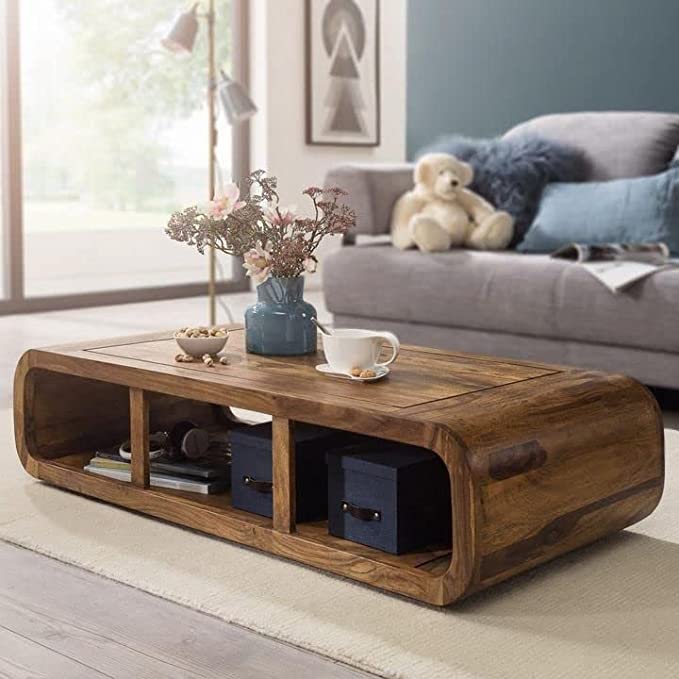 Image of SONA ART & CRAFTS Wooden Center Coffee Table for Living Room Home with Shelf Storage | Wooden Coffee Table | Center Table for Living Room | Tea Table | Natural Honey Teak Finish