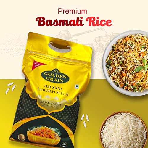Image of GOLDEN GRAIN Golden Sella Basmati Rice 5Kg | Golden Sella Non Sticky Basmati Rice With Great Taste & Mesmerizing Aroma | Extra Long Grain | Natural Perfectly Aged | Chef's favourite Sella Basmati Rice