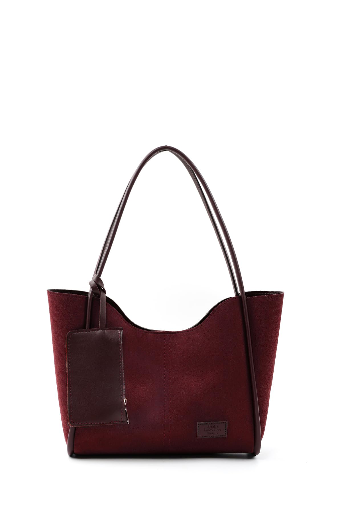 Bordo Süet Shk108 Çıtçıtlı Suni Deri Cüzdanlı Makyaj Çantalı Kadın El ve Omuz Çantası Bordo Süet