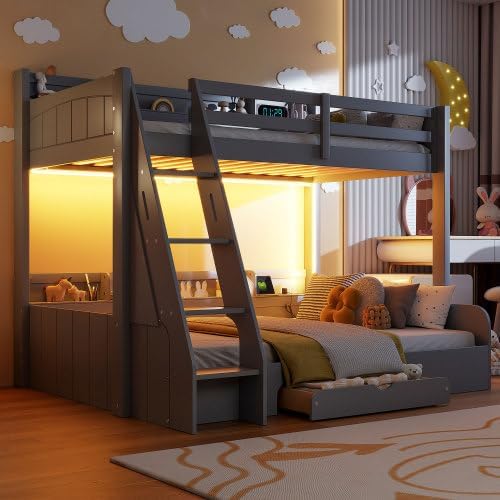 MERITLINE Kids Bunk Bed with Storage Drawer and Shelves, Twin Over Full Wood Bunk Bed Frame with LED and Charging Station (Grey)