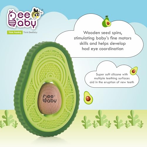 Image of BeeBaby Baby Teether for 6 to 12 Months Soft | Silicone and Wooden Teether for Baby | Teething Toys for Babies | Multi Textured BPA Free Teether | BIS Certified Baby Teething Toy | Avocado Green
